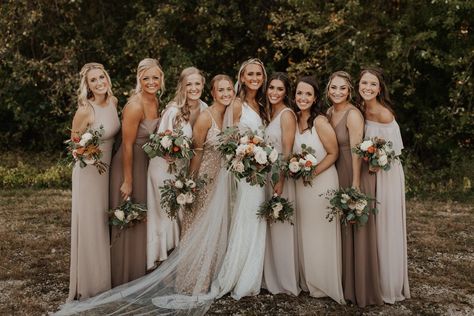 Wedding Colors With Champagne Dress, White And Greenery Wedding Bridesmaids, Taupe Mixed Bridesmaid Dresses, Different Color Champagne Bridesmaid Dresses, Natural Wedding Bridesmaid Dresses, Bridesmaids Mixmatch Dresses, Fall Bridesmaid Dresses Champagne, Neutral Tones Bridesmaid Dresses, Tan Color Wedding Theme