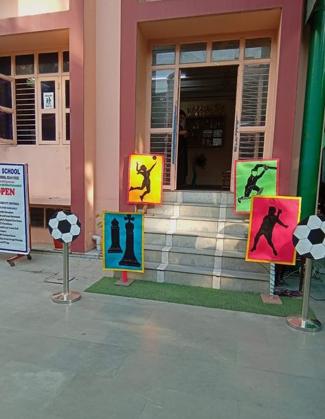 Sports Gala Decoration Ideas For School, Sports Meet Poster, Sports Decorations School, Sport Day Decoration Ideas, Sports Day Theme Ideas, Sports Day Decoration Ideas School, Math Exhibition, Sports Day Games, Sports Day Activities