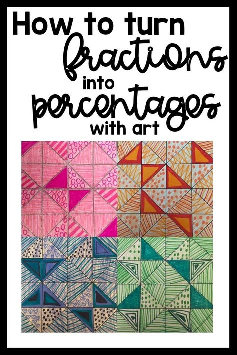 Teaching How to Make Fractions into Percentages Using Beautiful Quilts — Party in the Art Room Percent Activities Middle School, Math Fraction Art Projects, Math Art Elementary, Halloween Math Art Projects, 6th Grade Math Projects Middle School, 5th Grade Fractions Activities, Math And Art Integration, 6th Grade Math Projects, Math Art Projects Middle School