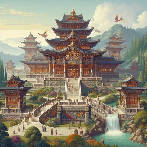 Dragon Palace Fantasy Art, Japanese Palace Art, Chinese Castle Fantasy Art, Japanese Fantasy Castle, Chinese Palace Fantasy Art, Japanese Castle Art, Chinese Castle, Japanese Palace, Medieval Japanese