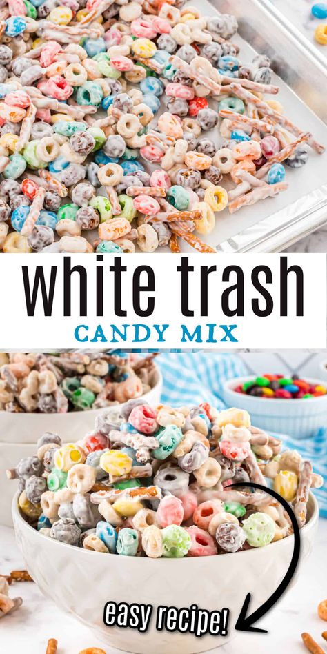 White Trash Candy. Open your pantry, dump a bunch of salty sweet snack foods in a bowl and cover it with white chocolate. Homemade candy at its easiest! Cereal Chex Mix Recipe, Random Pantry Recipes, Snack Mixes For Kids, Salty Snack Ideas, Sweet And Salty Snacks, Salty Sweet Snacks, Candy Creations, Picnic Snacks, Chocolate Homemade