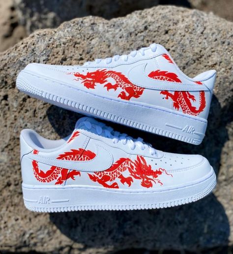 Air Force 1 Ideas, Nike Air Force 1 Red, Gucci Custom, Flame Dragon, Dragon Custom, Air Force One Shoes, Air Force 1 Shoes, Painted Nikes, Nike Air Force 1 Custom