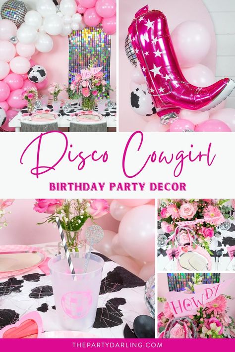 Pink cowgirl decorations and shimmering disco party decorations for an unforgettable disco cowgirl birthday party Cow Print Decorations, Groovy Balloons, Space Cowgirl Party, Disco Cowgirl Birthday Party, Cowgirl Birthday Party Decorations, Cowgirl Decorations, Disco Cowgirl Party, Cowgirl Party Decorations, Rodeo Birthday Parties