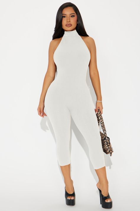 Available In Black And Off White. Jumpsuit Mock Neck Sleeveless Low Back Back Zipper Legging Capri Stretch Compression Rib 86% Rayon 14% Spandex Imported | Cassandra Snatched Capri Jumpsuit in Off White size Large by Fashion Nova Off White Jumpsuit, Capri Leggings Outfit, Capri Jumpsuit, Off White Fashion, Zipper Leggings, Capri Set, Play Suit, Color Block Leggings, Makeup Makeover