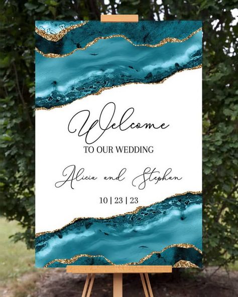 Teal Agate Wedding Welcome Sign - Announce it! – Announce It! Teal Color Schemes Wedding, Turquoise And Champagne Wedding Ideas, Navy Teal Wedding, Teal Aesthetic Wedding, Gemstone Wedding Colors, Beach Wedding Signs Cute Ideas, Teal And Gold Wedding Invitations, Sea Glass Beach Wedding, Teal And Gray Wedding Ideas