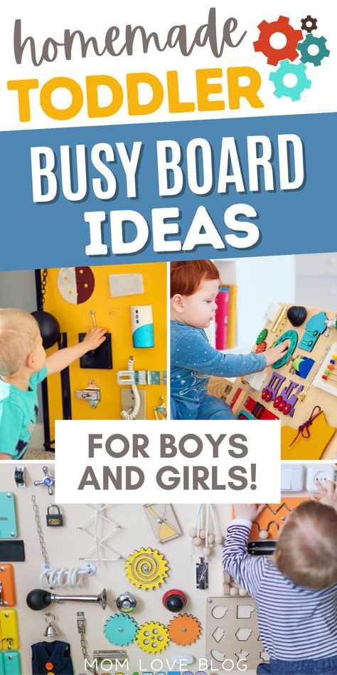 Collage of DIY toddler busy board ideas for boys and girls. Busy Toddler Activities, Busy Board Ideas, Diy Busy Board, Diy Sensory Board, Toddler Busy Board, Baby Mirror, Busy Boards, Fun Activities For Toddlers, Busy Boards For Toddlers