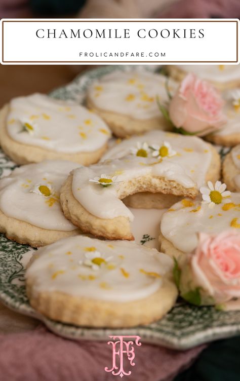 image of round sugar cooke with frosting with bite taken out of it, to make it look like a moon Chamomile Tea Cookies, Herbal Cookie Recipes, Chamomile Recipes Food, Calendula Cookies, Desserts With Herbs, Sweets For Tea Party, Persian Love Cookies, Tea Flavored Cookies, Cookies With Herbs