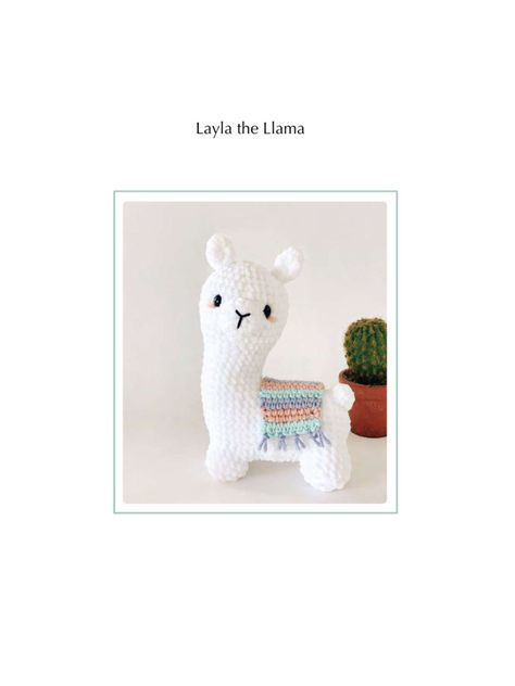 This document provides instructions for crocheting a llama toy called Layla the Llama. The llama is approximately 11 inches tall and is made using super bulky plush yarn and a 5.5mm crochet hook. The pattern includes directions for making the head, body, legs, ears, tail, nose, saddle blanket and tassels. Detailed photos accompany each step to illustrate the crocheting process. Crochet Llama Plushie, Crochet Lama Pattern Free, Crochet Alpaca Pattern Free, Llama Crochet Pattern Free, Crochet Llama Pattern Free, Super Bulky Yarn Patterns Crochet, Llama Crochet Pattern, Body Crochet Pattern, Crochet Alpaca