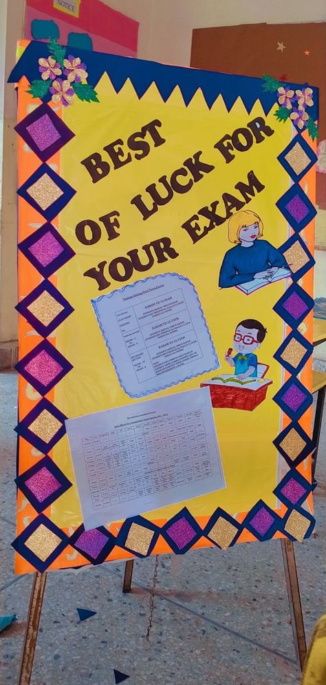 Exam Related Board Decoration, All The Best For Exams Board Decoration, Exam Board Decoration Ideas, Notice Board Decoration, Display Boards For School, Butterfly Birthday Party Decorations, Diy Crafts For School, Chemistry Basics, Newspaper Crafts Diy