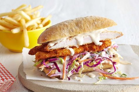 This modern version of the classic Caesar salad is proudly brought you by Paul Newman's Own and the Taste team. Chicken Schnitzel Sandwich, Schnitzel Sandwich, Caesar Sandwich, Chicken Coleslaw, Sandwich Sauce, Coleslaw Sandwich, Sandwich Chicken, Schnitzel Recipes, Red Cabbage Slaw