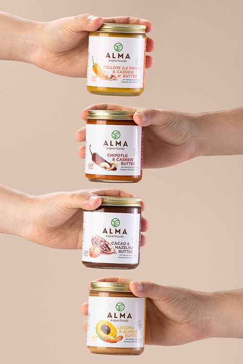 Alma Superfoods on Behance Organic Food Photography, Butter Photography, Honey Breakfast, Bake Sale Packaging, Spices Packaging, Honey Brand, Food Art Photography, Jar Packaging, Hazelnut Butter