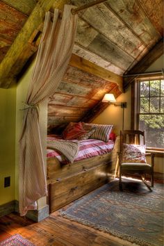 Have a small space? Create a bed nook of your very own by installing a space-separating curtain. | 18 Ways To Make Your Bed The Most Comfy Place On Earth Sleeping Nook, Rustic Bedroom Design, Budget Ideas, Attic Renovation, Attic Remodel, Cabin Living, Attic Bedroom, Attic Rooms, Hus Inspiration