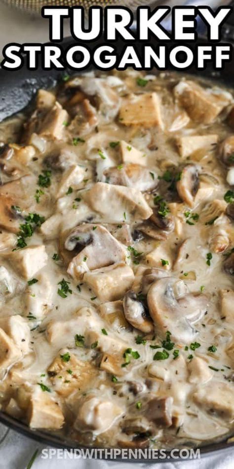 Turkey stroganoff is a creamy pasta dish made with ground or leftover meat in a savory mushroom garlic cream sauce. Usually served over egg noodles, this old-fashioned favorite is easy to make and great for weeknights. #spendwithpennies #turkeystroganoff #ground #recipe #healthy #easy #leftovers #instantpot #crockpot #mushroom Mushroom And Ground Turkey, Turkey Stroganoff Recipe Easy, Turkey Leg Leftover Recipes, Turkey Mushroom Recipes, Turkey And Mushroom Recipes, Canned Turkey Recipes, Ground Turkey And Mushroom Recipes, Turkey And Rice Recipes, Turkey Mushroom Soup