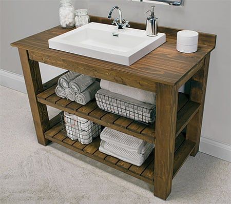 27 Homemade Bathroom Vanity/Cabinet Plans You Can DIY Easily Build A Bathroom Vanity, Diy Rustic Bathroom Vanity, Build A Bathroom, Diy Bathroom Vanity Plans, Rustic Bathroom Vanity, Vanity Diy, Open Bathroom, Farmhouse Bathroom Vanity, Diy Bathroom Vanity