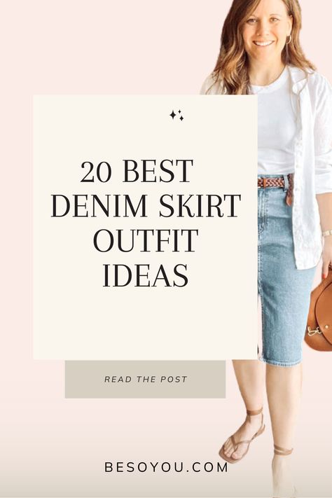 See 20 of the best ways to style a denim skirt for warm and cool weather. And for casual and work settings. Jean Skirt Outfits Fall, Denim Skirt Outfit Fall, Jean Skirt Outfits Summer, How To Style A Denim Skirt, Midi Skirt Outfits Summer, Denim Skirt Outfit Summer, Denim Skirt Outfit Ideas, Knee Length Jean Skirts, Denim Midi Skirt Outfit