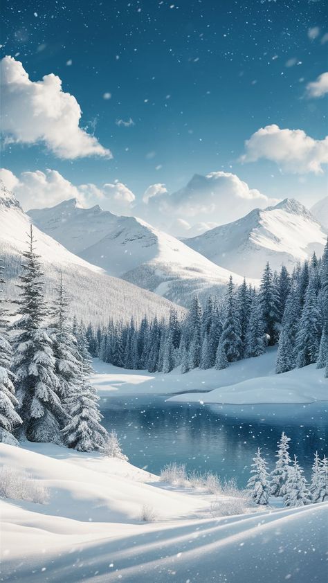 Immerse yourself in a serene winter landscape with glistening snow-capped mountains and a clear blue sky. This tranquil wallpaper features fluffy clouds, a majestic pine forest, and a sparkling frozen lake, all harmonizing to create a magical scene. Perfect for winter lovers, this stunning background brings calmness and beauty to your device. Ideal for seasonal decor, winter aesthetics, and nature enthusiasts. Ice Mountain Aesthetic, Winter Phone Backgrounds Wallpapers, Winter Tree Wallpaper, Snow Forest Wallpaper, Blue Aesthetic Winter, Tranquil Wallpaper, Snowing Aesthetic Wallpaper, Winter Snow Aesthetic, Winter Wonderland Wallpaper