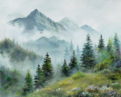 Misty mountains pine trees original oil painting. Transport yourself to a serene and enchanting forest of misty mountains with this stunning landscape painting. This work deftly captures the ethereal beauty of the mist as it gently embraces the towering trees and lush foliage. The soft, muted color palette adds to the dreamlike quality of the scene, evoking a sense of tranquility and peace. Hang this stunning piece in your home or office to create a relaxing atmosphere and bring a touch of natur Green Mountain Painting, Painting Foggy Forest, Montana Painting, Pine Forest Painting, Pine Trees Painting, Hallway Mural, Foggy Forest Landscape, Fantasy Woodland, Pine Tree Painting