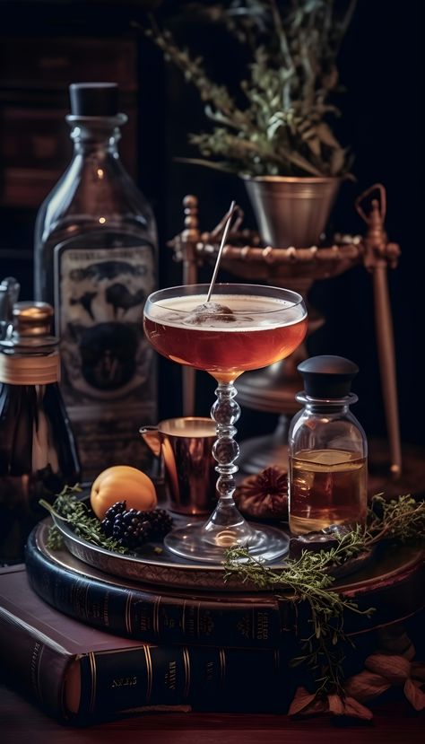 Witches Coffee Bar, Apothecary Cocktail Bar, Dark Academia Drinks, Witch Cafe Aesthetic, Cauldron Cocktail, Acotar Family, Witch Kitchen Aesthetic, Witchy Bar, Kitchen Witch Aesthetic