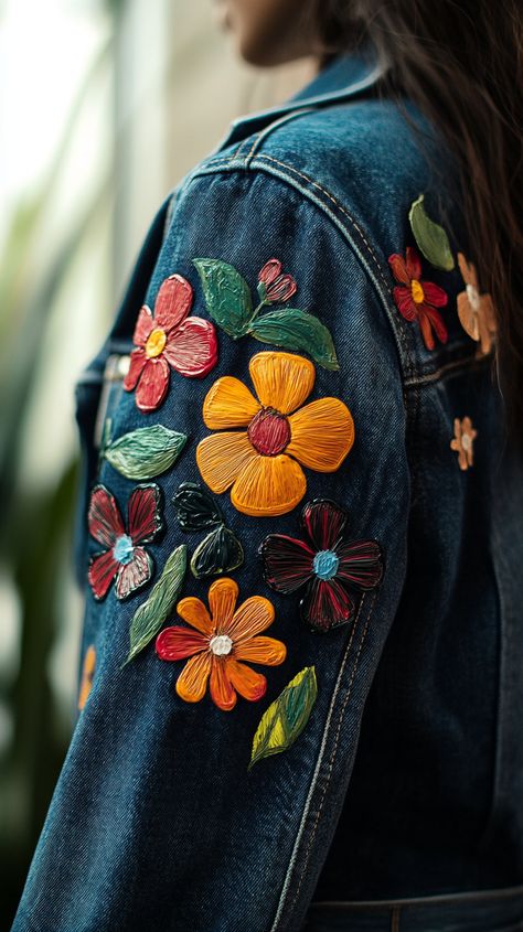 Custom-designed jean jacket featuring a colorful floral hand-painted design on the front, captured in soft natural light with a Sony Alpha a7 III and 35mm lens, vibrant detail. Flower Embroidery Denim Jacket, Floral Jean Jacket, Embroidery Denim Jacket, Jean Jacket Design, Denim Jacket Embroidery, Jacket Embroidery, Embroidery Denim, Floral Jeans, Floral Jacket