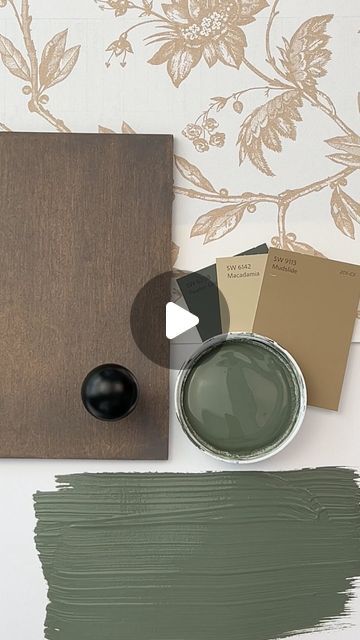 Loralee AhMu on Instagram: "Pewter Green by Sherwin Williams is a deep, muted green with gray undertones that imparts a sense of sophistication and earthiness. The color has a chameleon-like quality, appearing greener in well-lit areas and taking on a more pewter, almost slate-like appearance in spaces with less light. Pewter Green works exceptionally well with natural materials such as wood and stone, playing to the organic feel of its green undertones. ✨Have you tried SW Pewter Green in your home? ✨Would you like a link to the wallpaper, swatches, cabinet color, or hardware? Type “Link” in the comments and I’ll send it to your DMs. ♥️Follow Simplee DIY if you love paint and decor inspo! #sherwinwilliams #sherwinwilliamspaint #swcolorforecast #swcolorlove #simpleediy #greenpaint #p Sunroom With Green Walls, Wallpaper With Pewter Green, Wallpaper With Green Cabinets, Sherwin Williams Hardware Paint Color, Pewter Green Color Palette, Dried Thyme Sherwin Williams, Pewter Green Sherwin Williams, Sw Pewter Green, Moody Master