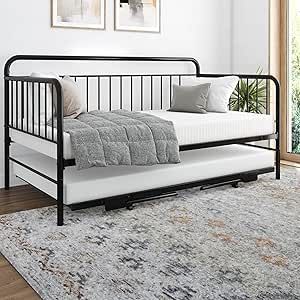 DHP Oddny Metal Daybed with Pop Up Trundle Bed, Twin, Black Daybed With Pop Up Trundle, Trundle Bed Twin, Black Beds, Pop Up Trundle Bed, Pop Up Trundle, Metal Daybed, Bed Twin, Trundle Bed, Daybed