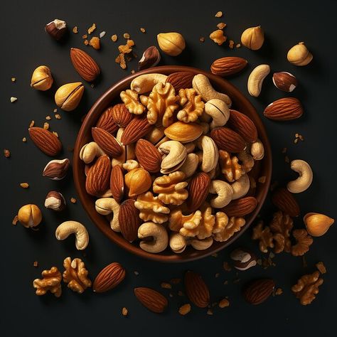 Photo nutty delight topview organic nuts... | Premium Photo #Freepik #photo Nuts Aesthetic, Nuts Photography, Nut Photography, Nut Packaging, Chocolate Poster, Organic Nuts, Dried Fruit Mix, Nut Snacks, Fb Cover Photos