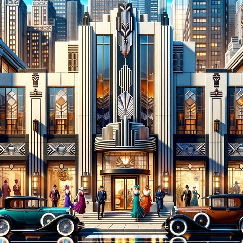 Exploring Art Deco: A Journey from the 1920s Onward Art Deco Buildings Architecture Design, Hollywood Architecture, Art Deco Buildings Architecture, Art Deco House Exterior, Art Deco Interior 1920s, Original Art Deco Interior, Art Deco Poster Design, 1920s Architecture, Building Styles