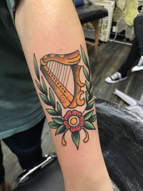 My harp. #allstarink #limerick Irish Harp Tattoo, Harp Tattoo, Irish Harp, Tattoo Inspo, Harp, Tatting, Old School, Tattoos, Quick Saves