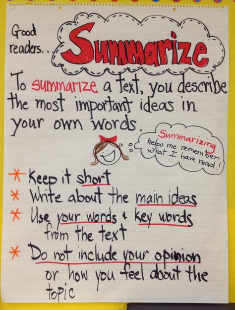 Anchor chart: summarizing Summary Anchor Chart, Library Worksheets, Summarizing Anchor Chart, Middle School Anchor Charts, Teaching Summarizing, Summarizing Nonfiction, Summarizing Activities, English Comprehension, Intermediate Reading