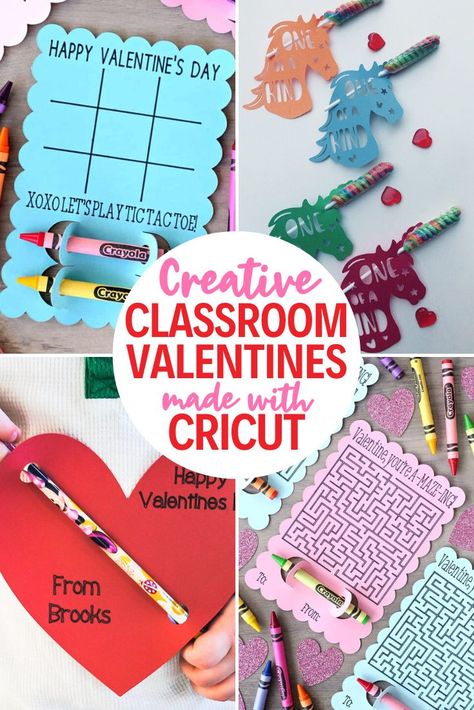 Creative Classroom Valentines Made With Cricut Easy Cricut Valentine Cards, Unique Valentines Cards For Kids, Valentines Cards For Students, Cricket Valentines Ideas Kids, Cricut Valentine Ideas For School, Cricut Kids Valentines Ideas For School, Easy Cricut Valentines For Kids, 4th Grade Valentines Cards, Valentines Card Svg Free