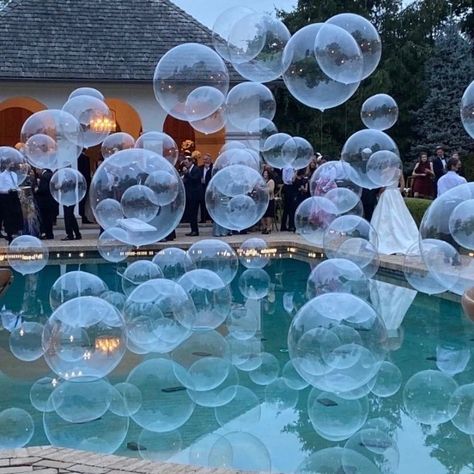 The Westchester Balloon Company Balloons In Pool Decor, Wedding Swimming Pool, Company Event Ideas, Poolside Wedding Reception, Balloon Displays, Night Pool Party, American Mcgee’s Alice, Floating Balloons, Balloon Company