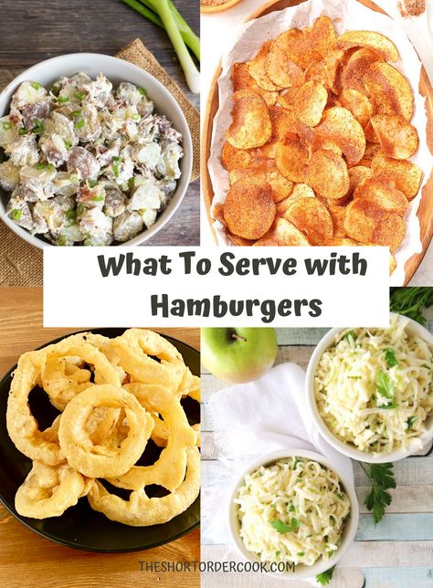 four images of recipes to serve with hamburgers - potato salad, bbq chips, onion rings, and coleslaw Side For Hamburgers, What To Serve With Hamburgers, What To Serve With Burgers, Hamburger Cookout, Sides For Hamburgers, Hamburger Dinner, Hamburger Side Dishes, Burger Sides, Burger Side Dishes