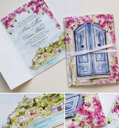 Greece Destination Wedding Invitation Santorini Party, Mamma Mia Wedding, Greece Party, Bougainvillea Wedding, Painted Wedding Invitation, Watercolour Wedding Stationery, Destination Wedding Invitation, Hand Painted Wedding, Santorini Wedding