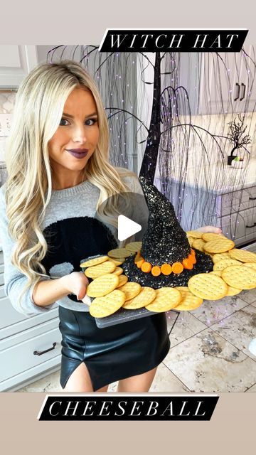 Macy Blackwell on Instagram: "Witch Hat Cheeseball!🔮🖤 So easy, cute, and delicious for your Halloween parties!! 

Ingredients: 

* 2 bricks cream cheese (softened) 
* 1 cup cheddar cheese (shredded)
* 1 cup pepper jack cheese (shredded) 
* 2 jalapenos (remove seeds and chopped)
* 1 package bacon bits
* 2 tsp chili powder
* black sesame seeds 
* 1 long carrot 

Directions: 

1. Toss cream cheese, shredded cheeses, jalapeños, bacon bits, and chili powder in a bowl. Beat under combined. 
2. Form the base of the hat first, then form the triangular section. 
3. Cover in black sesame seeds. 
4. Slice carrots to make a hat band. 
5. Serve with crackers! 

#halloweenfood #halloweencheeseball #halloweencooking #halloween party" Witches Hat Cheese Ball, Halloween Cheeseball Ideas, Halloween Cheese Ball, Macy Blackwell, Make A Hat, Cream Cheese Dips, Black Sesame Seeds, Pepper Jack Cheese, Black Sesame