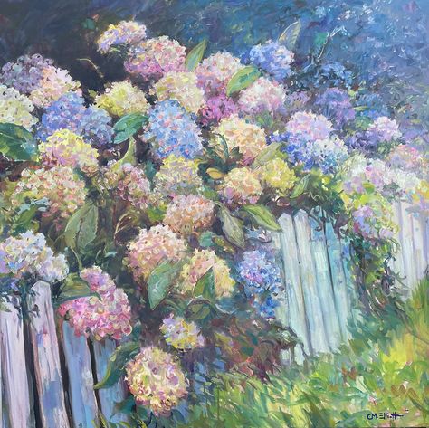 Hydrangeas on Fence by catherine m elliott, 30 x 30 Hydrangea Field, Hydrangea Paintings, Hydrangea Drawing, Plants Reference, Painting Hydrangeas, Hydrangea Aesthetic, Hydrangea Artwork, Hydrangeas Garden, Hydrangea Art