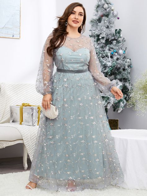 Plus Embroidery Mesh Overlay A-line Dress | SHEIN USA Lace Jacket Dress, Mock Dress, Plus Size Long Dresses, Big Size Dress, Soiree Dress, Women Lace Dress, Plus Size Gowns, Bridesmaid Dresses Plus Size, Aline Dress