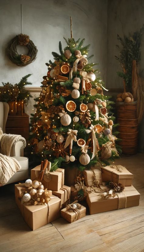 🎄 21 Stunning Elegant Christmas Tree Decorating Ideas You Must Try This Holiday Season! ✨ Christmas Tree With Orange Decorations, Fall Decor Christmas Tree, Orange Christmas Tree Decorations, Nature Inspired Christmas Tree, Elegant Christmas Tree Decorating Ideas, Cozy Christmas Tree, Fall Christmas Tree, Orange Christmas Tree, Natal Natural