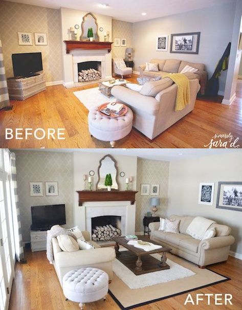 Tired of looking at the same four walls? Here are 7 easy and affordable ways to update the family room Rearranging Living Room Ideas, Living Room Transformation, Small Living Room Layout, Rearranging Furniture, Living Room Furniture Arrangement, Makeover Before And After, Living Room Arrangements, Dining Room Makeover, Gallery Wall Living Room