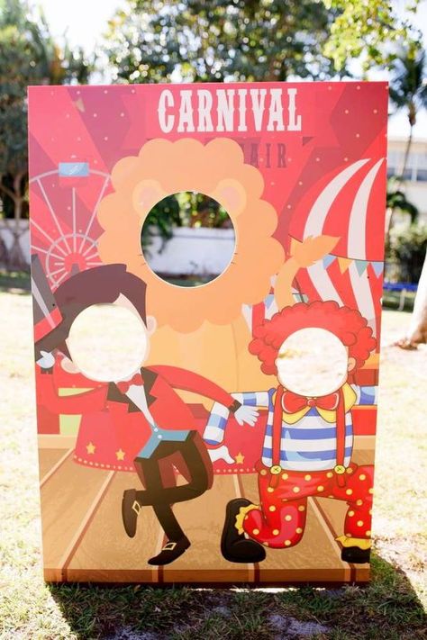 Don't miss this fantastic carnival-themed birthday party! The photo booth props is so much fun!! See more party ideas and share yours at CatchMyParty.com Carnival Theme Decorations Ideas, Carnival Photo Booth Ideas, Photo Booth Carnival, School Carnival Decorations, Carnival Photo Props, Farewell Theme, Circus Photo Booth, Carnival Photo Booth, Carnival Party Foods