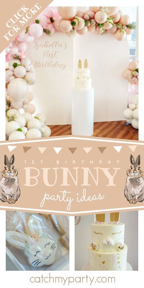 Take a look at this pretty bunny-themed 1st birthday party! The birthday cake is adorable! See more party ideas and share yours at CatchMyParty.com Rabbit Birthday Theme, Pretty Bunny, Some Bunny Is One, Rabbit Birthday, 1st Birthday Party For Girls, Boys 1st Birthday Party Ideas, Girls Birthday Party Themes, Bunny Party, Birthday Party Activities