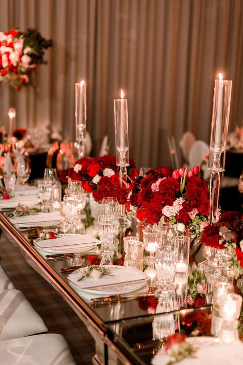 Red And Green Wedding Theme Receptions, February Wedding Reception Ideas, Mirror Table Wedding, Reception Mirror, Mirror Table Decor, Burgundy Centerpiece, Christmas Dinner Table Decorations, Romantic Red Wedding, Red Table Settings