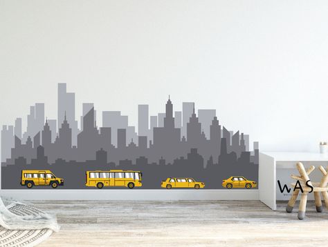 City Skyline With Transport Cars Wall Decal Vinyl Removable Office Business Decor College Dorm Real Estate Cityscape Mural Wall Stickers Check more designs at  https://www.etsy.com/shop/WallsArtStudio *Sizes 48" wide x 20" high(122cm wide x 51cm high) 60" wide x 25" high(152cm wide x 63cm high) 68" wide x 28" high(172cm wide x 71cm high) The size from edge to edge. *Colour: You can choose 3 colors for this decal, if you have other requirements for colors, please contact us. From top to bottom Bu City Skyline Mural, Cityscape Mural, Construction Office, Building Color, Doodle Wall, Office Images, Kids Room Murals, Real Estate Office, Mural Wall