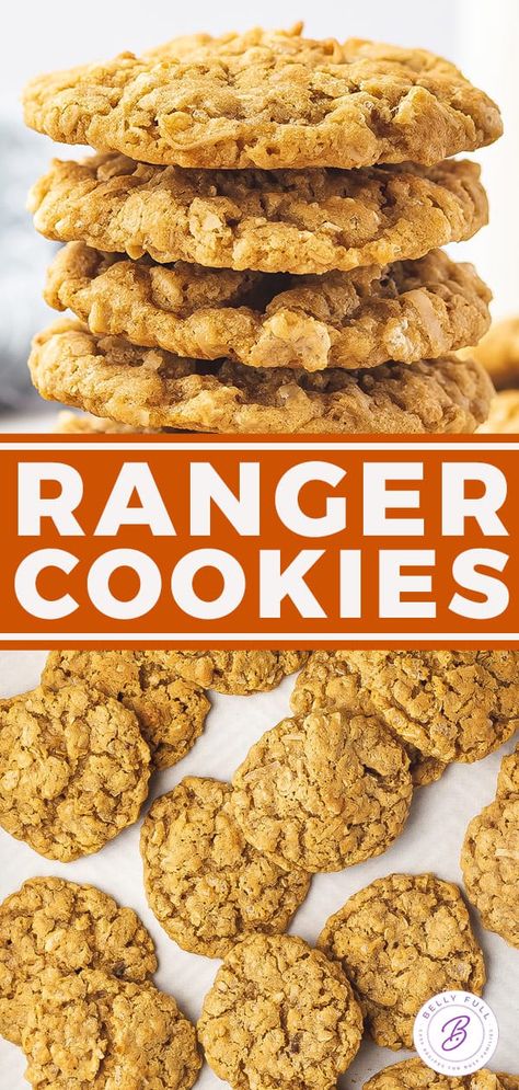 Ranger Cookies Recipe - Belly Full Texas Ranger Cookies Recipe, Ranger Cookies Amish Recipe, Royal Caribbean Ranger Cookies Recipe, Amish Ranger Cookies, Texas Ranger Cookies, Ranch Cookies Recipe, Best Ranger Cookie Recipe, Ranger Cookies Recipe Rice Krispies, Dish Pan Cookies Recipe