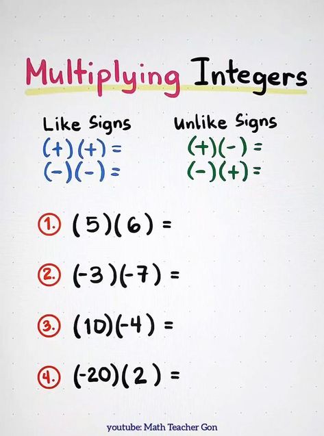 Math Notes Aesthetic 7th Grade, School Notes Math, Integers 7th Grade Math, Integers Anchor Chart, Multiplying Integers, Notes Math, Maths Notes, Math Integers, Math Charts