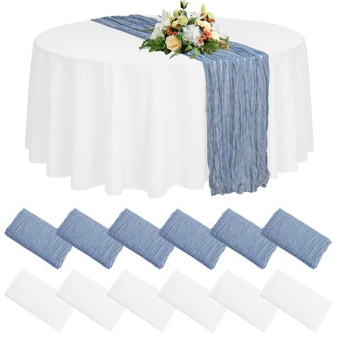 PRICES MAY VARY. 【What You Will Receive】 You will receive 6 packs 90 inches round white polyester tablecloth and 6 packs 35 x 120 inches dusty blue gauze table runners. The round table cloth and cheesecloth table runner set match harmoniously and look so gorgeous. And you can use the round tablecloth or cheesecloth table runner to decorate your party separately. 【Reusable & Soft】 These romantic tablecloth and table runners set are made of premium polyester. Soft feeling, reusable, washable and f Dusty Blue Table Runner Round, White Table Cloth With Blue Runner, Square Table Cloth On Round Table, Round Table Centerpiece Baby Shower, Round Table With Table Runner, Dusty Blue Round Table Setting, Blue Dinner Table Decor, Cheese Cloth Table Runner Wedding Round, Baby Shower Boy Table Decorations