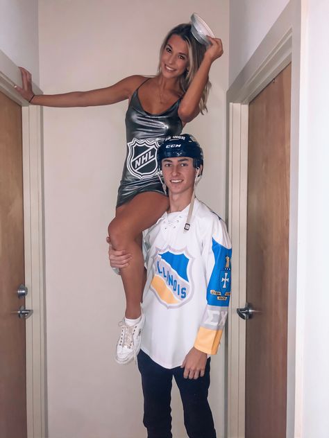 Stanley Cup And Hockey Player Costume, Couple Halloween Costumes Stanley Cup, Stanley Cup Halloween Costume, Puck Bunny Costume, Baseball Costume Womens, Sporty Halloween Costumes, Stanley Cup Costume, Hockey Player Costume, Stanley Cup Hockey