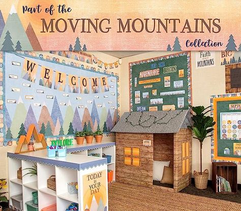 Remind students that learning is a journey filled with adventures along the way with this earthy-hued mini bulletin board! 19 total pieces. Adventure piece measures 19" x 5-1/4" 4 title pieces spelling out “Let the Adventure Begin” 15 decorative signs with positive sayings Moving Mountains Classroom Theme, Moving Mountains Classroom, Mountain Bulletin Board Ideas, Adventure Awaits Classroom Theme, Adventure Classroom Theme, Mountain Themed Classroom, Mountain Classroom Decor, Mountain Classroom, Adventure Classroom