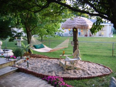 hammock in my own Backyard Beach - VERY CUTE IDEA... wish we could find space to put in some sand like this! Beach Sand Crafts, Chicago Landscape, Backyard Beach, Backyard Paradise, Outside Living, Yard Design, Dream Backyard, Tropical Landscaping, Backyard Fun