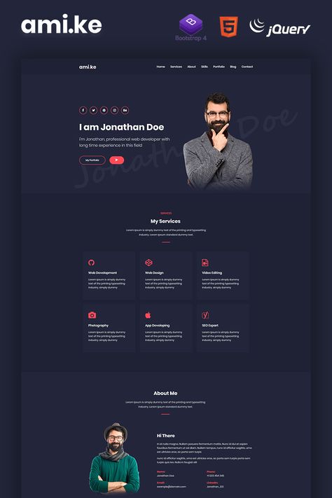 Amike is personal portfolio template based opn bootstrap 4. it has all section that you wish for Portfolio, , resume ,Business and Company site. Amike is fully #Ad #based #opn #bootstrap #template Web Developer Portfolio, Cv Website, Web Design Inspiration Portfolio, Resume Business, Personal Website Portfolio, Design Sites, Web Portfolio, Desain Ui, Portfolio Website Template