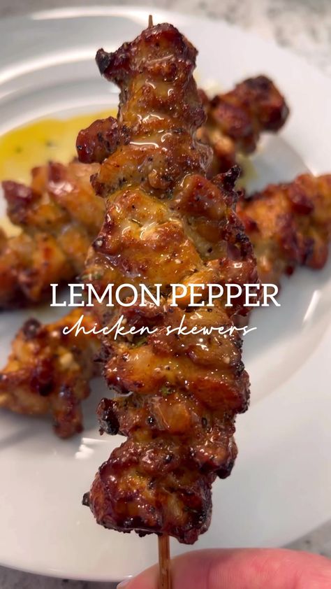 Lemon Pepper Chicken Skewers 🍋 #lemonpepper #chickenskewers #airfryerrecipes #britscookin #chickenrecipes | Britney | Britney · Original audio Lemon Pepper Chicken Skewers, Crockpot Healthy, Kabob Recipes, Lemon Pepper Chicken, Tasty Recipes Videos, Pepper Chicken, Chicken Meat, Makanan Diet, Chicken Skewers